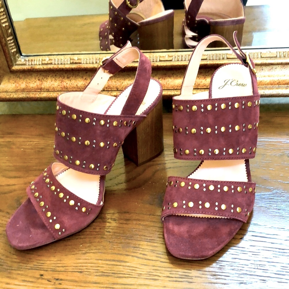 NWOT J Crew Stella wood block heeled sandals. Size 9 1/2.  Suede. Studded.